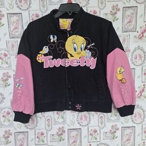 Vintage Girls Tweety Bird Bomber Jacket JH Design Pink Embroidered Youth‎ L 9-10